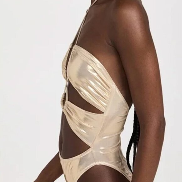 Solid and Striped The Ariana One Piece Cut Out Swimsuit Pale Gold Liquid Foil M - Picture 2 of 7